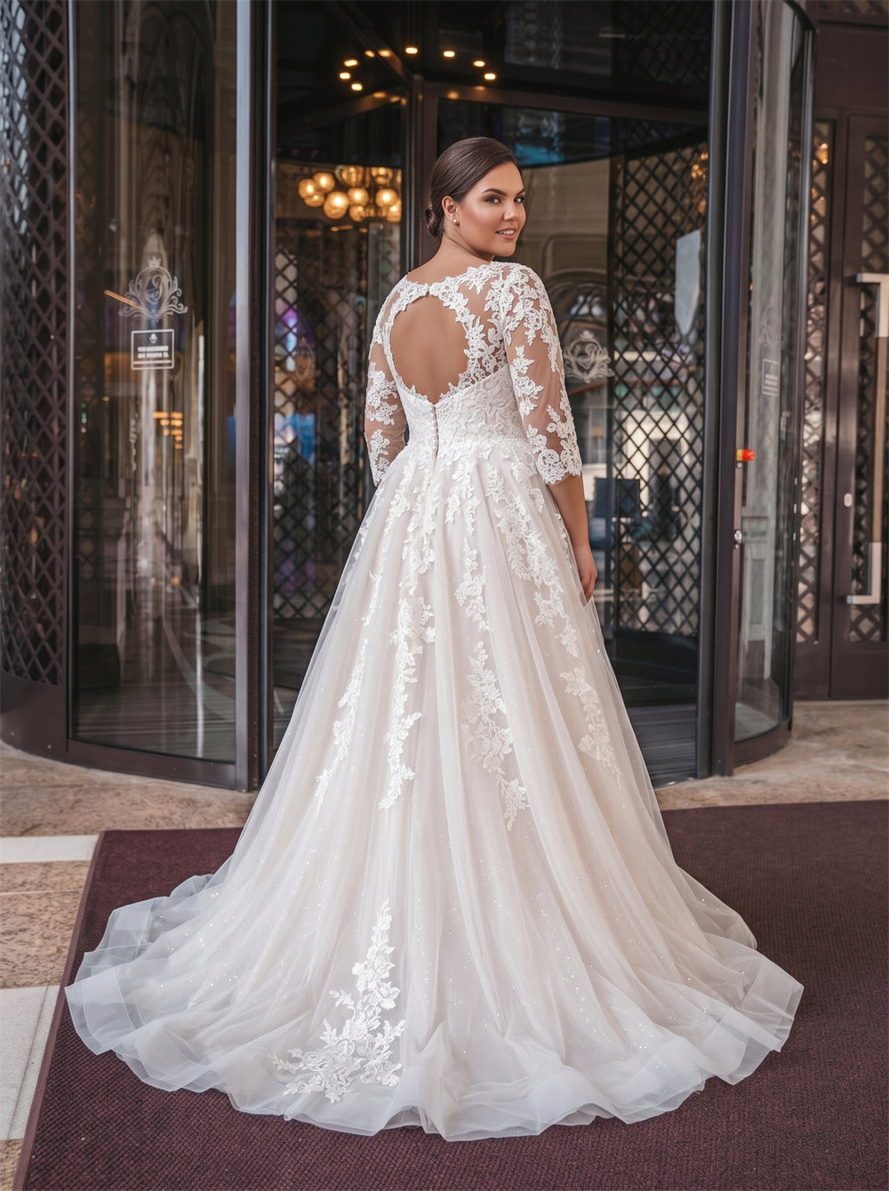 Illusion Neck Three Quarter Sleeve Cutout Back Floral Lace Glitter Tulle Plus Size Wedding Dress Bridal Dress
