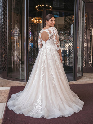 Illusion Neck Three Quarter Sleeve Cutout Back Floral Lace Glitter Tulle Plus Size Wedding Dress Bridal Dress