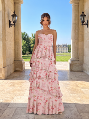 Strapless Sweetheart Floral Print Chiffon Bridesmaid Dress Multi Tier Ruffle Maxi Dress Pink Floral Formal Wedding Guest Evening Gown