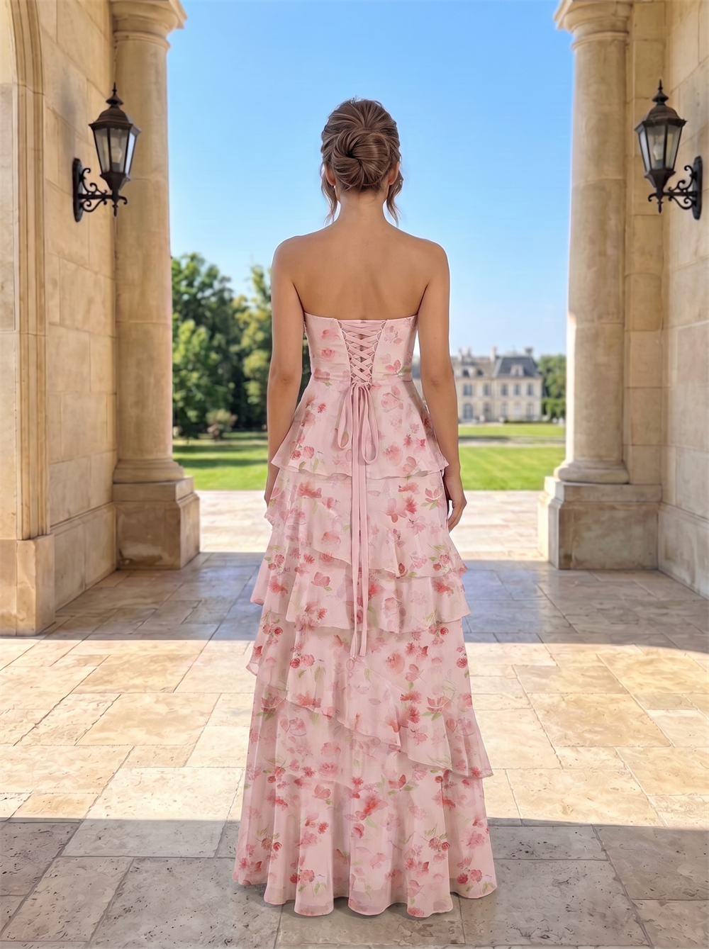Strapless Sweetheart Floral Print Chiffon Bridesmaid Dress Multi Tier Ruffle Maxi Dress Pink Floral Formal Wedding Guest Evening Gown
