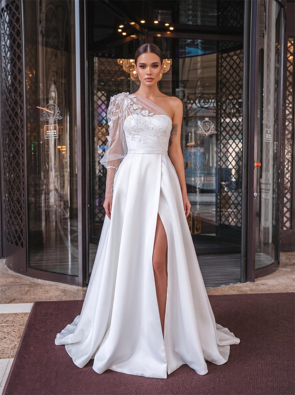 One Shoulder Floral Lace Puff Sleeve High Slit A Line Satin Wedding Dress Bridal Dress