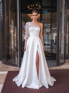 One Shoulder Floral Lace Puff Sleeve High Slit A Line Satin Wedding Dress Bridal Dress