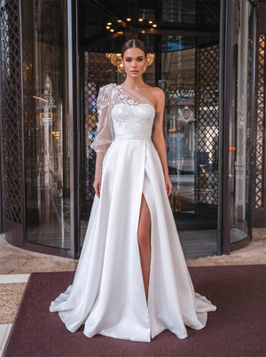 One Shoulder Floral Lace Puff Sleeve High Slit A Line Satin Wedding Dress Bridal Dress