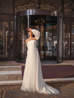 Illusion High Neck Puff Sleeve Pearl Button Tulle A Line Wedding Dress Bridal Dress