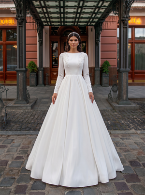 High Neck Long Sleeve Matte Satin Ball Gown Wedding Dress Shoulder Floral Lace Appliques Bridal Gown