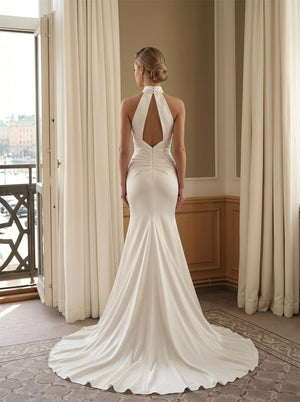 Wedding Dress High Halter Neck Sleeveless Ruched Waist Deep Keyhole Back White Stretch Satin Mermaid Sweep Train Bridal Gown
