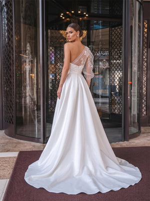 One Shoulder Floral Lace Puff Sleeve High Slit A Line Satin Wedding Dress Bridal Dress