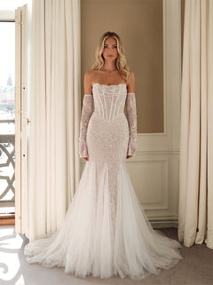 Wedding Dress Strapless Sweetheart Boned Corset Lace Up Back Detachable Lace Long Sleeve Sparkle Mermaid Flowy Tulle Bridal Gown