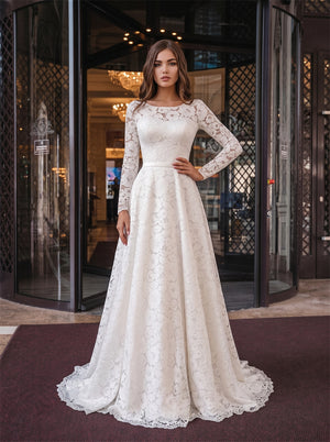 Round Neck Long Sleeve Pearl Button Sash Bow Lace A Line Wedding Dress Bridal Dress