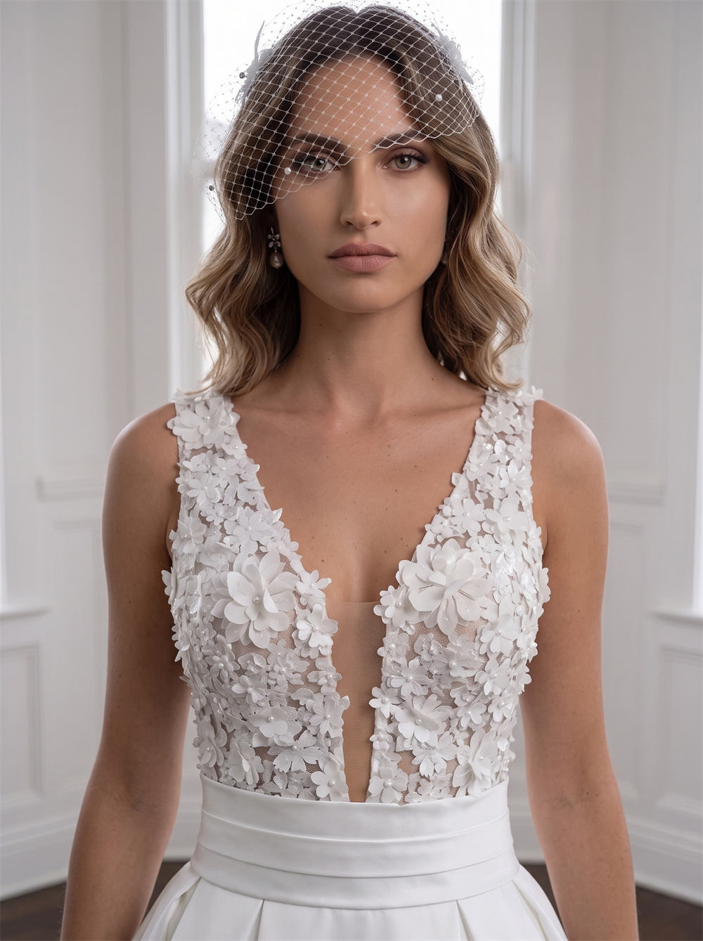 V Neck Lace Spaghetti Strap Satin Wedding Dress Detachable Waist Sash Pearl Button Back Ball Gown
