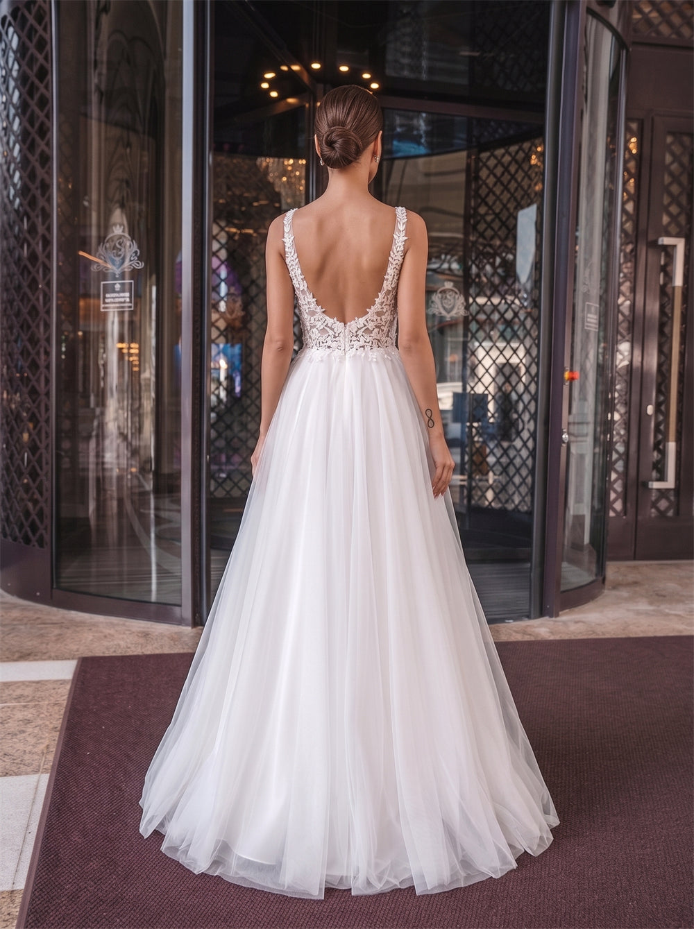 Spaghetti Strap Deep V Lace Tulle Wedding Dress Low Open Back A Line Floor Length Bridal Dress