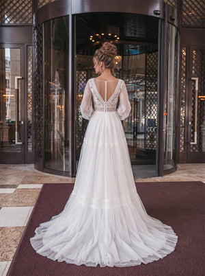 Long Puff Sleeve Lace Tulle Wedding Dress Deep V Tiered Skirt Low V Back Lace Trim Casual Boho Formal Bridal Dress