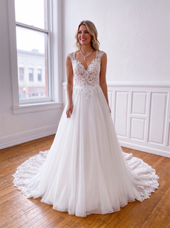 Cap Sleeve V Neck Floral Lace Tulle Wedding Dress Keyhole Illusion Back Scalloped Lace A Line Bridal Gown