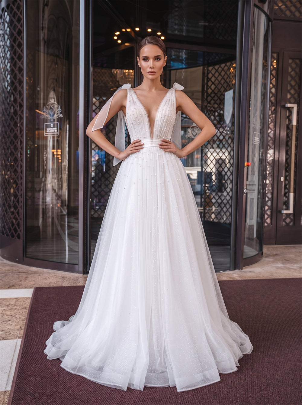 Sheer Bow Strap Pearl Beaded Glitter Tulle Wedding Dress Deep V Low Open Back A Line Sweep Train Bridal Dress