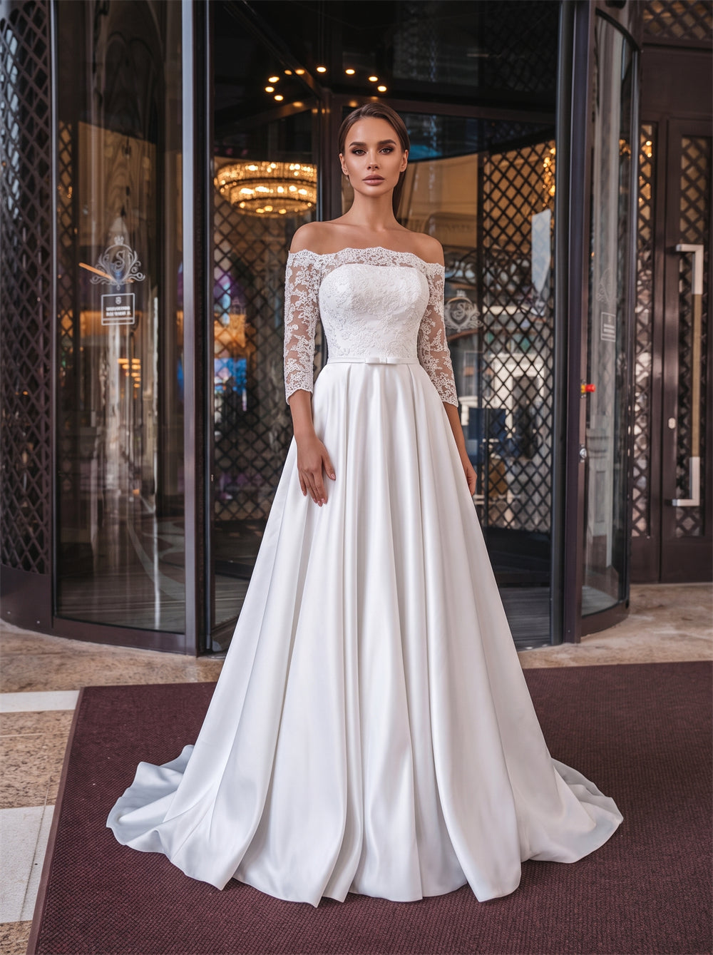 Off Shoulder Lace Half Sleeve Lace Up Back Satin A Line Wedding Dress Bridal Dress