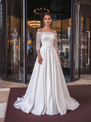 Off Shoulder Lace Half Sleeve Lace Up Back Satin A Line Wedding Dress Bridal Dress