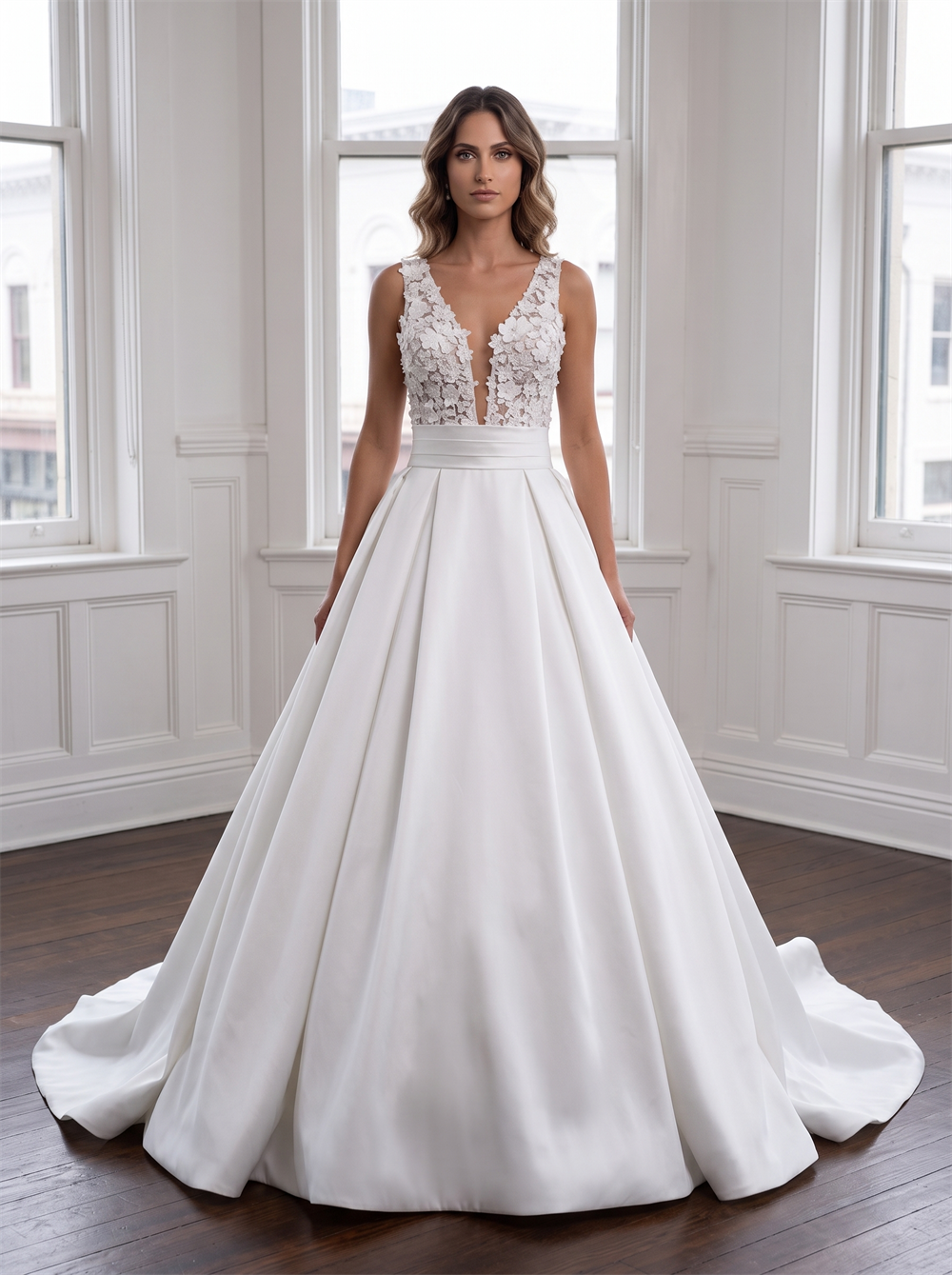 V Neck Lace Spaghetti Strap Satin Wedding Dress Detachable Waist Sash Pearl Button Back Ball Gown