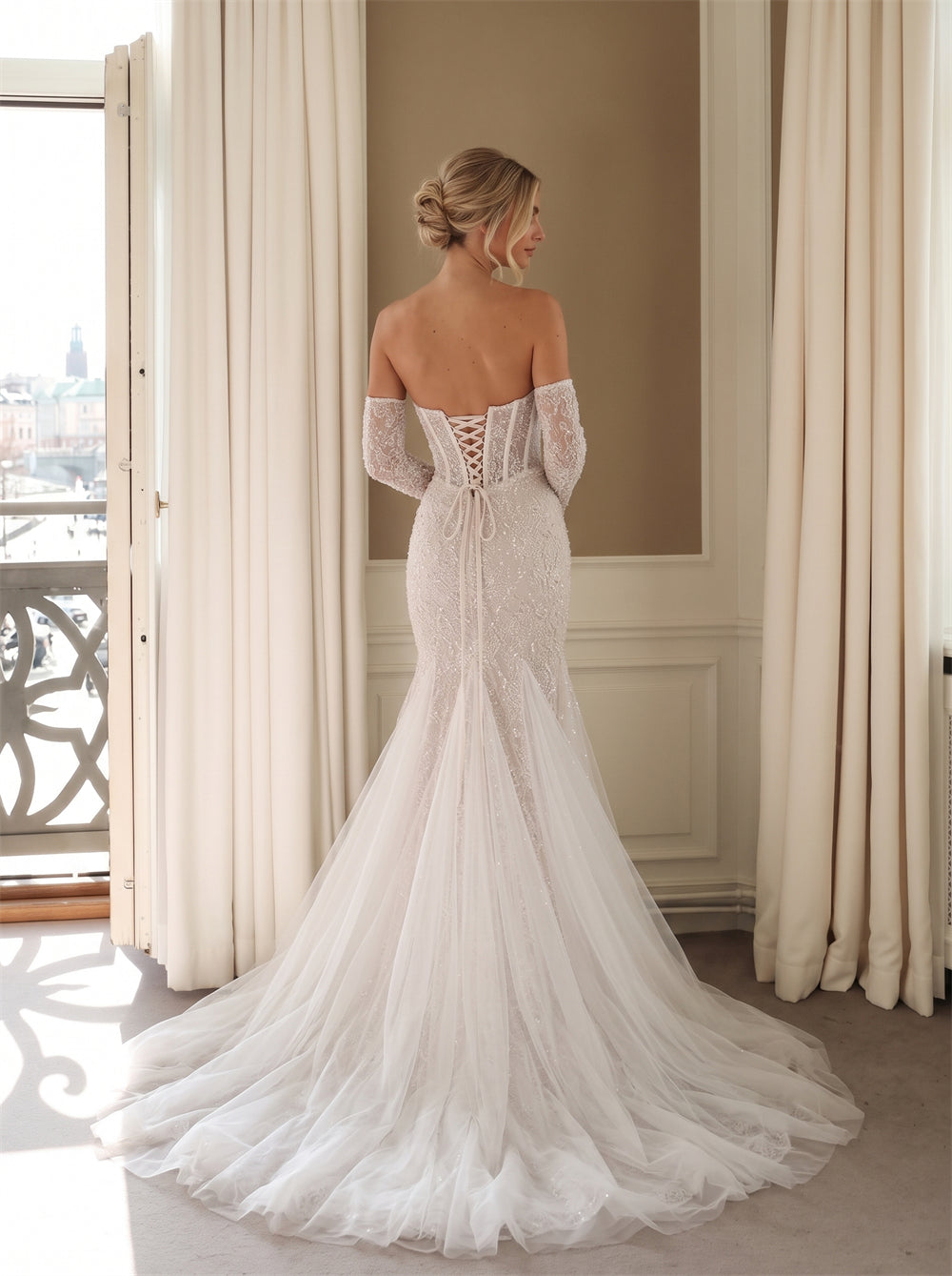 Wedding Dress Strapless Sweetheart Boned Corset Lace Up Back Detachable Lace Long Sleeve Sparkle Mermaid Flowy Tulle Bridal Gown