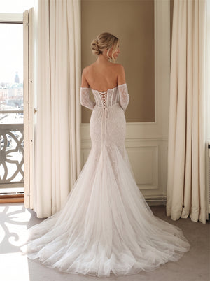 Wedding Dress Strapless Sweetheart Boned Corset Lace Up Back Detachable Lace Long Sleeve Sparkle Mermaid Flowy Tulle Bridal Gown