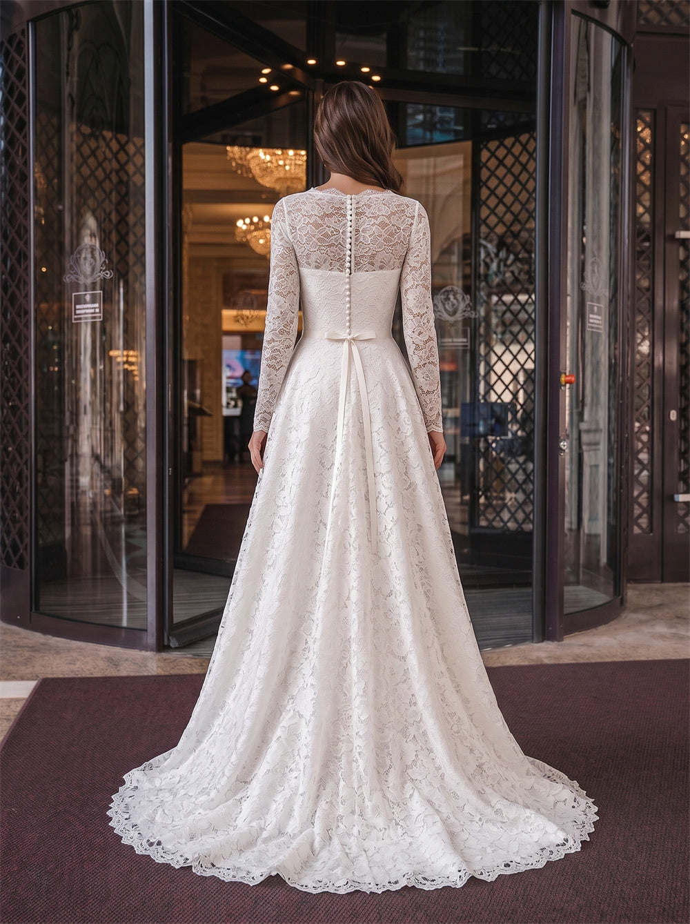 Round Neck Long Sleeve Pearl Button Sash Bow Lace A Line Wedding Dress Bridal Dress