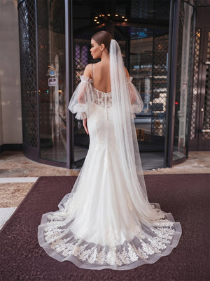 Detachable Off Shoulder Puff Sleeve Lace Mermaid Wedding Dress Spaghetti Strap V Neck Low Back Formal Bridal Dress