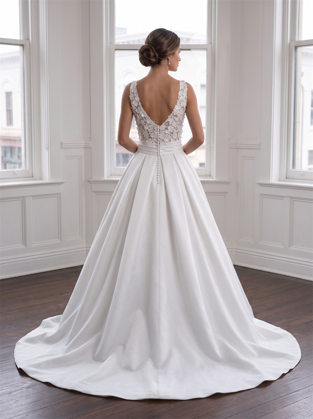 V Neck Lace Spaghetti Strap Satin Wedding Dress Detachable Waist Sash Pearl Button Back Ball Gown