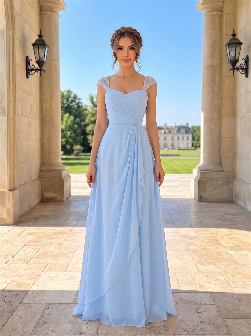 Lace Cap Sleeve Sweetheart Chiffon Bridesmaid Dress Draped Ruffle Skirt Cutout Open Back&nbsp Light Sky Blue Formal Wedding Guest Evening Gown