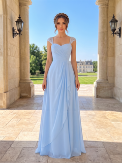 Lace Cap Sleeve Sweetheart Chiffon Bridesmaid Dress Draped Ruffle Skirt Cutout Open Back&nbsp Light Sky Blue Formal Wedding Guest Evening Gown