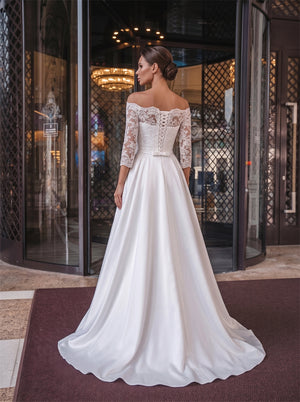 Off Shoulder Lace Half Sleeve Lace Up Back Satin A Line Wedding Dress Bridal Dress