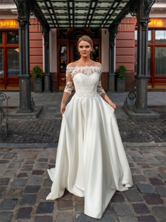 Off The Shoulder 3/4 Sleeve Floral Lace Bodice Matte Satin Ball Gown Wedding Dress Sheer Illusion Low Back Bridal Gown