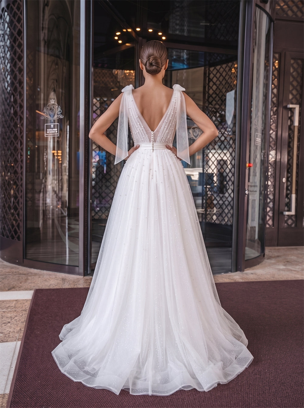 Sheer Bow Strap Pearl Beaded Glitter Tulle Wedding Dress Deep V Low Open Back A Line Sweep Train Bridal Dress