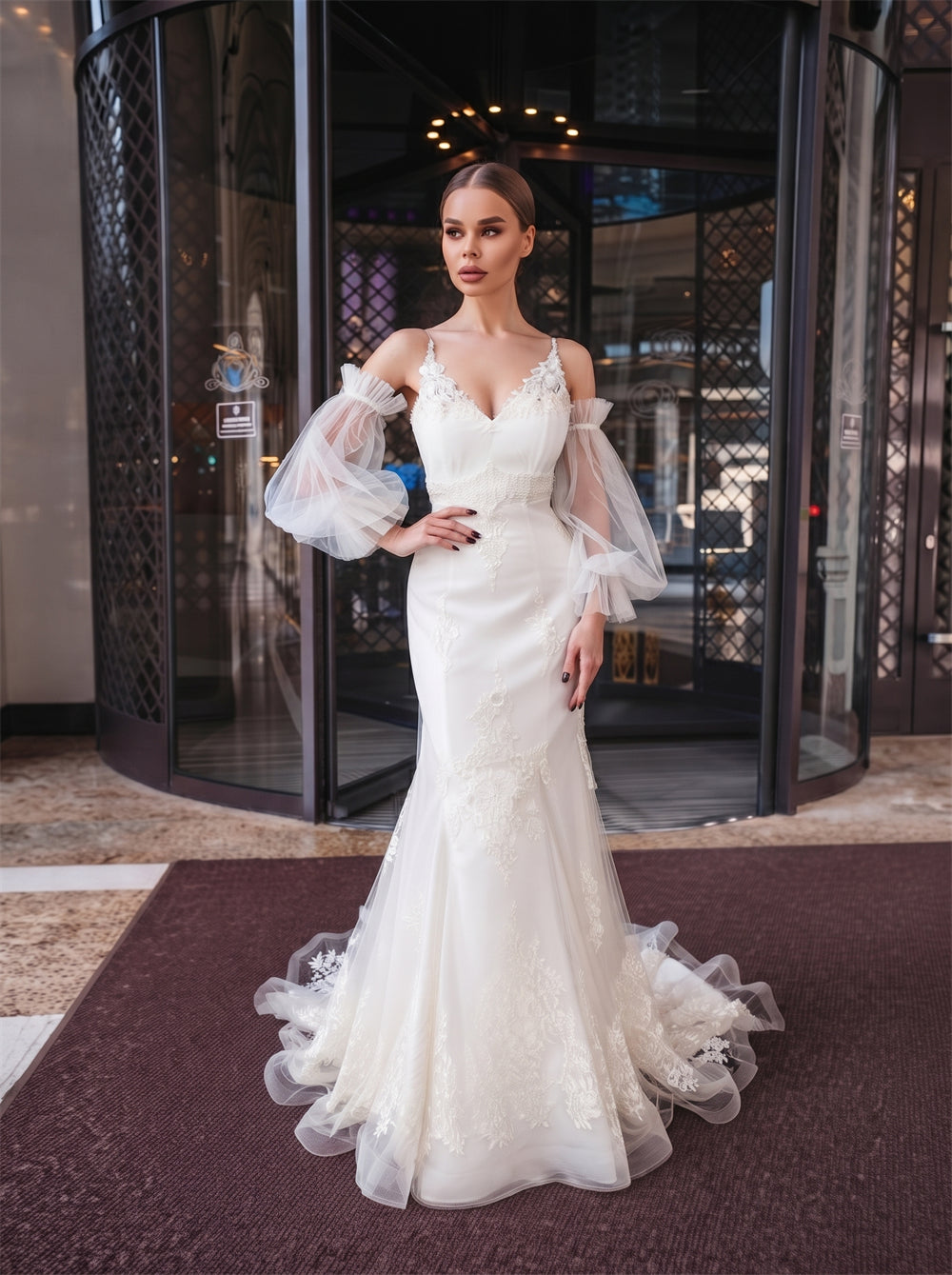 Detachable Off Shoulder Puff Sleeve Lace Mermaid Wedding Dress Spaghetti Strap V Neck Low Back Formal Bridal Dress