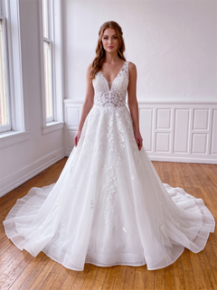 Sleeveless Plunging V Neck Floral Lace Tulle Wedding Dress Deep V Illusion Back A Line Cathedral Train Bridal Gown