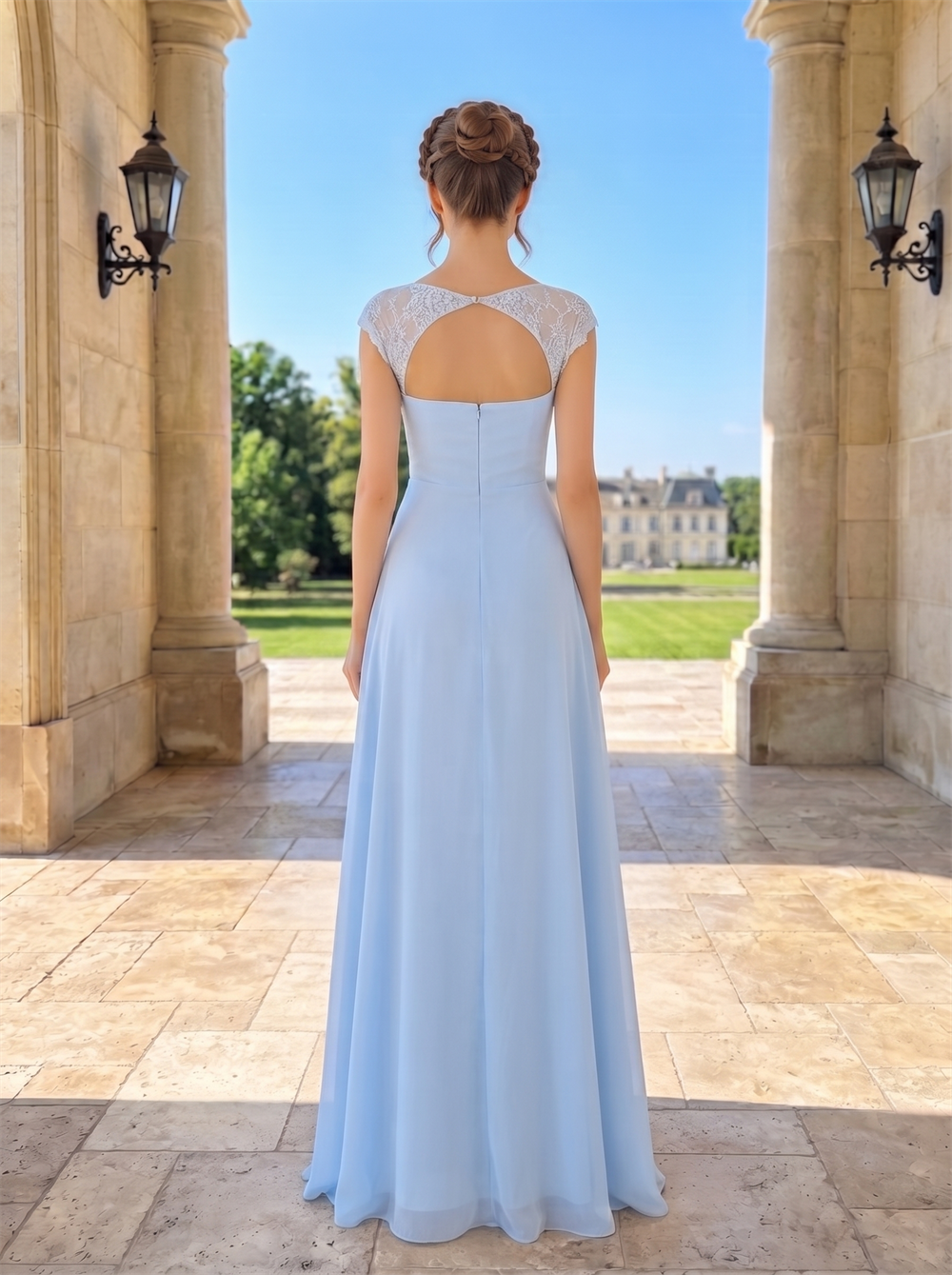 Lace Cap Sleeve Sweetheart Chiffon Bridesmaid Dress Draped Ruffle Skirt Cutout Open Back&nbsp Light Sky Blue Formal Wedding Guest Evening Gown