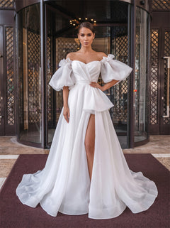 Off Shoulder Puff Sleeve High Slit Lace Up Back Big Bow Organza A Line Wedding Dress Bridal Dress