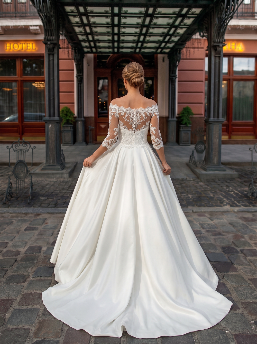 Off The Shoulder 3/4 Sleeve Floral Lace Bodice Matte Satin Ball Gown Wedding Dress Sheer Illusion Low Back Bridal Gown