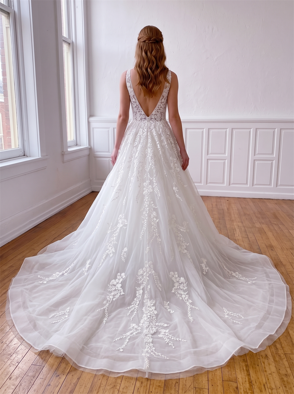 Sleeveless Plunging V Neck Floral Lace Tulle Wedding Dress Deep V Illusion Back A Line Cathedral Train Bridal Gown