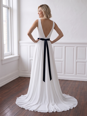 Deep V Sleeveless Chiffon A Line Wedding Dress Detachable Navy Velvet Waist Sash Low Back Simple Minimalist Bridal Gown