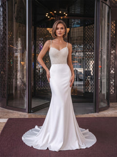 Spaghetti Strap Beaded Deep V Back Zipper Mermaid Satin Wedding Dress Bridal Dress
