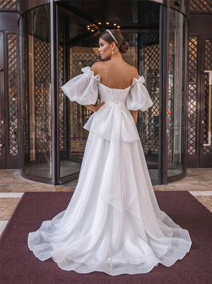 Off Shoulder Puff Sleeve High Slit Lace Up Back Big Bow Organza A Line Wedding Dress Bridal Dress