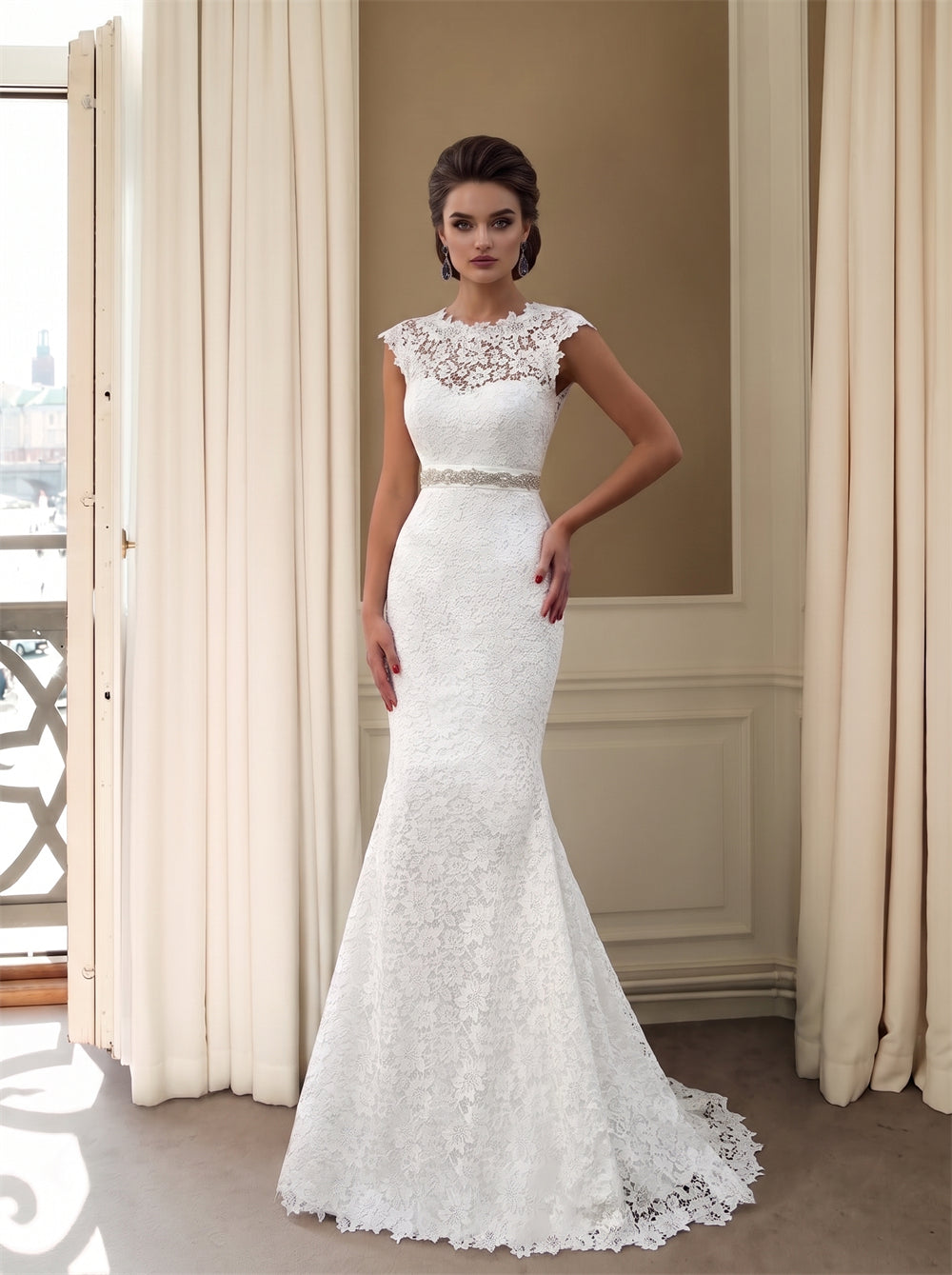 Wedding Dress All Over Lace Mermaid Wedding Dress With Detachable Tiered Ruffle Tulle Overskirt & Back Bow