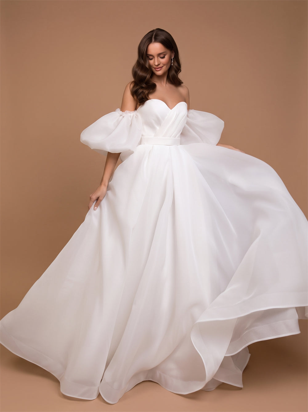 Off Shoulder Puff Sleeve Organza Wedding Dress Sweetheart Corset Back A Line Floor Length Bridal Dress