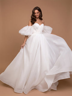 Off Shoulder Puff Sleeve Organza Wedding Dress Sweetheart Corset Back A Line Floor Length Bridal Dress