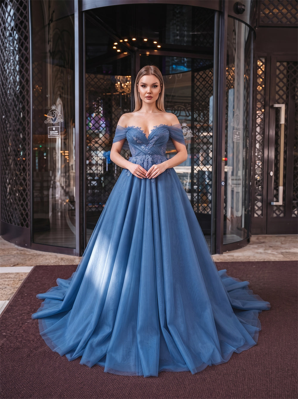 Off-The-Shoulder Dusty Blue Tulle Ball Gown Beaded Floral Lace Corset Lace Up Back Formal Evening Dress