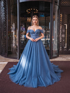 Off-The-Shoulder Dusty Blue Tulle Ball Gown Beaded Floral Lace Corset Lace Up Back Formal Evening Dress