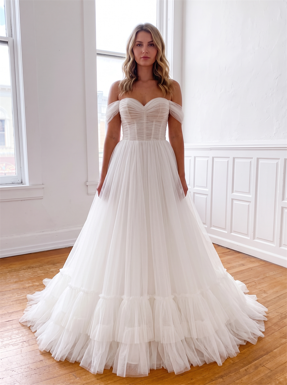 Off The Shoulder Ruched Tulle Wedding Dress Sweetheart Back Big Bow Tiered Ruffle A Line Bridal Gown