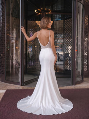 Spaghetti Strap Beaded Deep V Back Zipper Mermaid Satin Wedding Dress Bridal Dress
