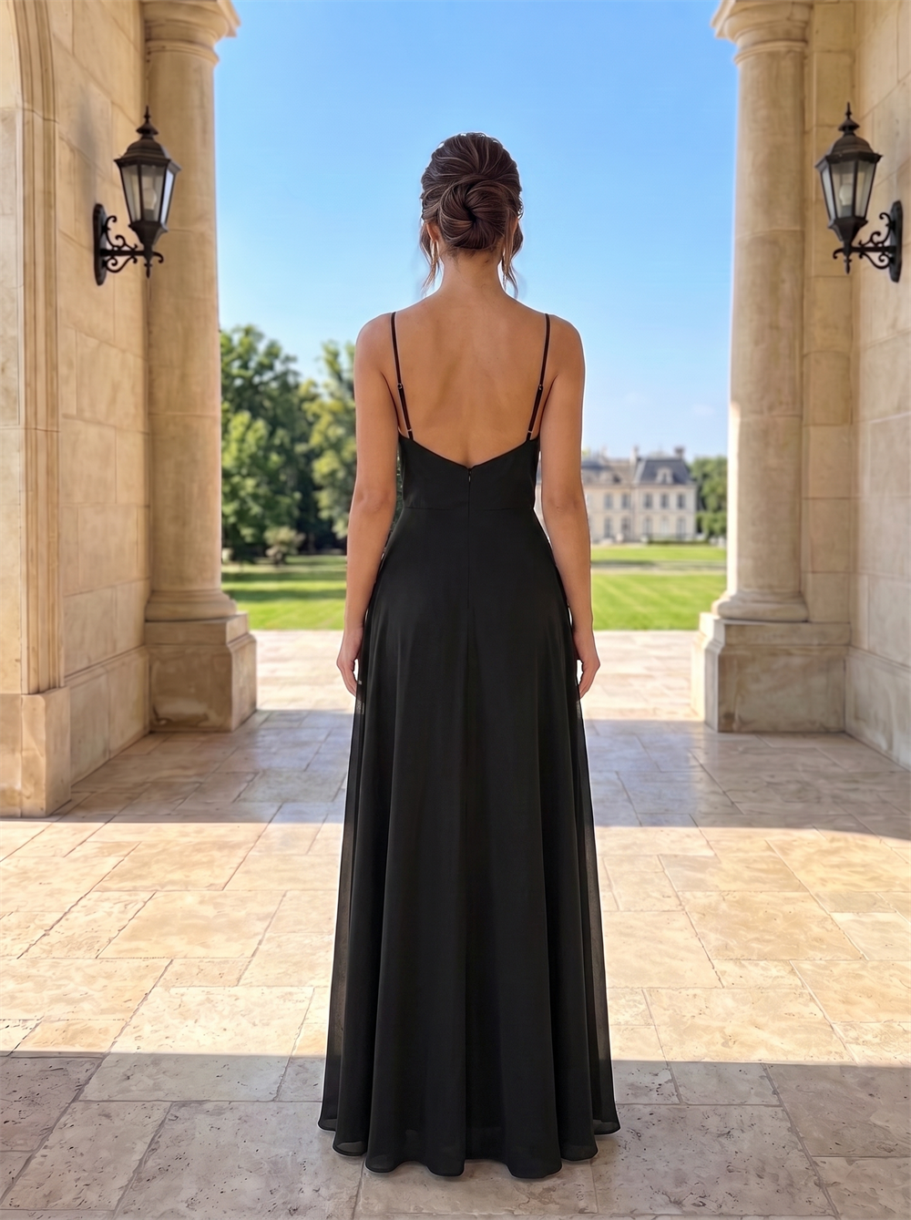 Adjustable Spaghetti Strap Cowl Neck Chiffon Bridesmaid Dress A-Line Floor Length Low V Open Back Hidden Zipper Black Formal Wedding Guest Evening Gown