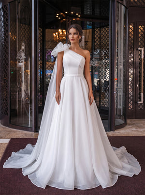 One Shoulder Organza Bow Pearl Button A Line Wedding Dress Bridal Dress