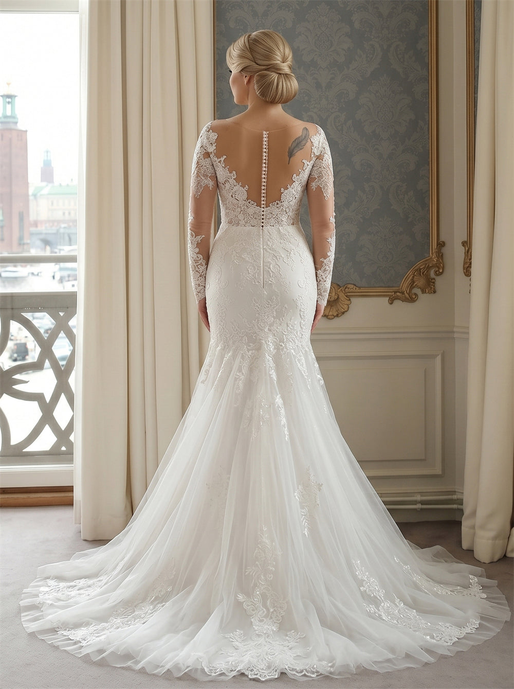 Wedding Dress Illusion Sweetheart Long Sheer Lace Sleeve Deep V Back Pearl Button Full Lace Mermaid Flowy Tulle Sweep Train Bridal Gown